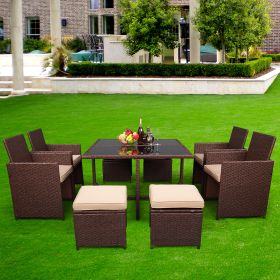 (Limited time purchase) Outdoor 9 Pcs Wood Grain PE Wicker Rattan Dining Ottoman with Tempered Glass Table Patio Furniture Set XH